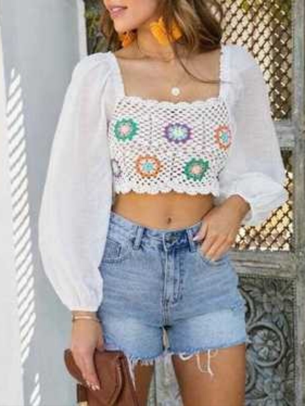 Aerie Crochet Granny Square Puff Sleeve Crop Top S Cream 100% Cotton Cottagecore